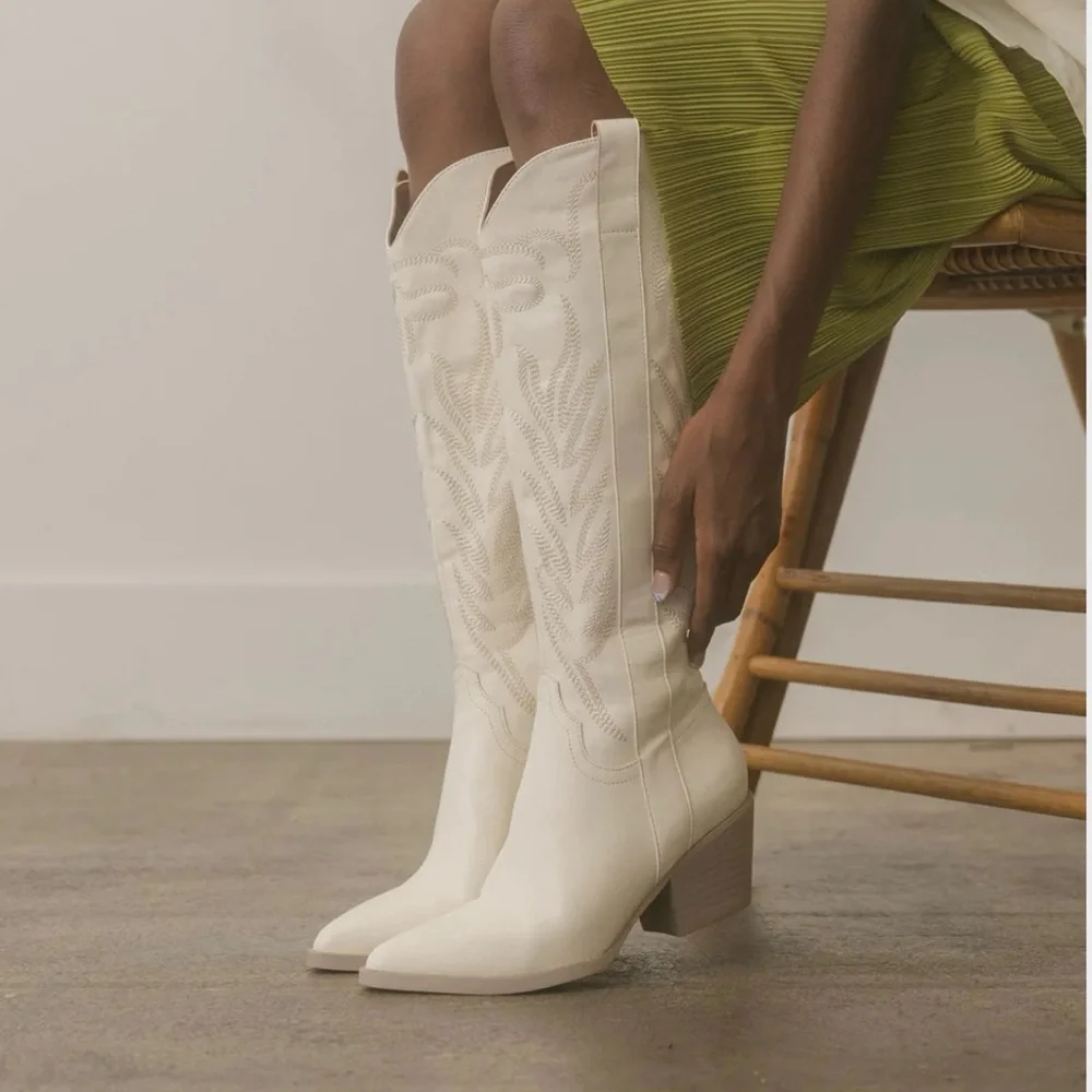 Oasis Society “Samara” Tall Western Boho Cowgirl Boots Embroidered White 7.5 New - Picture 1 of 16
